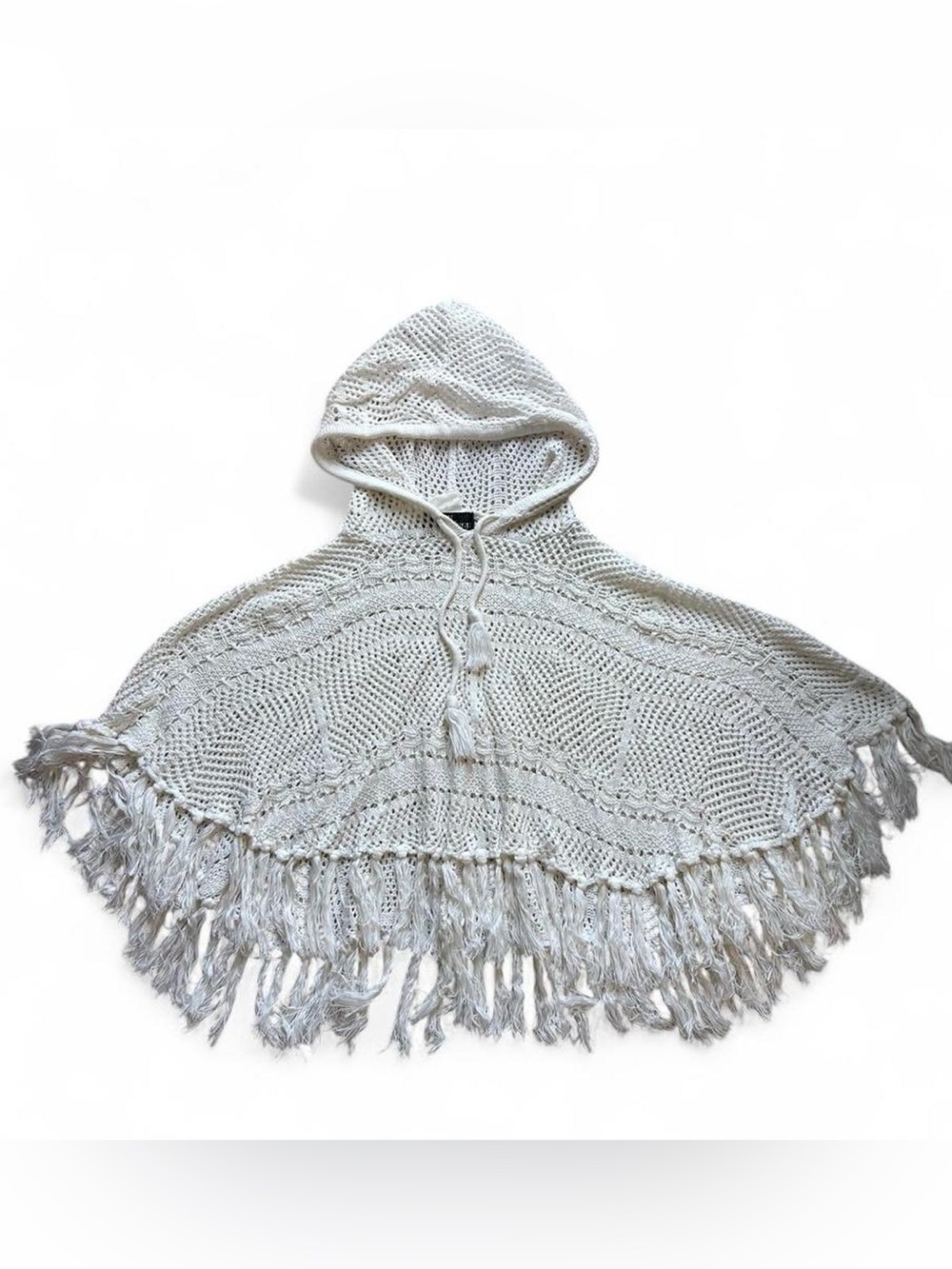 Cecil McBee Japanese Y2K Crochet Hooded Fringe Poncho Cream